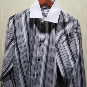Karl Knox Dress Shirt Mens 16.5 34/35 Gray Stripe Regular Fit French Cuff Woven